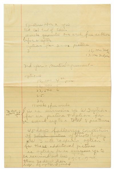 Jane Deacy's Handwritten Notes on the James Dean's Multi-Film Contract with Warner Bros. -- Includes Notes about ''East of Eden'', Script Approval, Etc. & Questions About the Deal