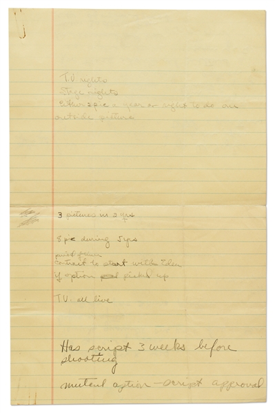 Jane Deacy's Handwritten Notes on the James Dean's Multi-Film Contract with Warner Bros. -- Includes Notes about ''East of Eden'', Script Approval, Etc. & Questions About the Deal