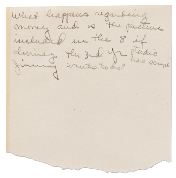 Jane Deacy's Handwritten Notes on the James Dean's Multi-Film Contract with Warner Bros. -- Includes Notes about ''East of Eden'', Script Approval, Etc. & Questions About the Deal