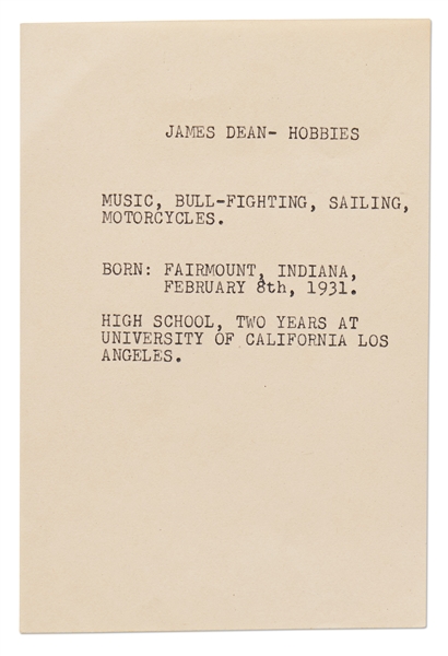 List of James Dean's Hobbies & Education -- Used to Market the Young Actor in 1954, Possibly Created at the Behest of Warner Bros.