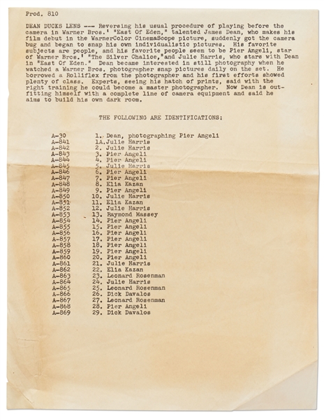 Warner Bros. Document to Accompany a Press Release on James Dean's Photography Hobby