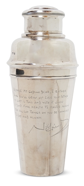 Noel Coward Cocktail Shaker, Personally Gifted and Engraved to His Godson, David Niven, Jr., with a Clever, Rhyming Inscription