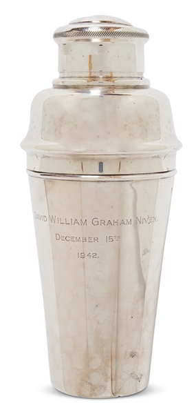 Noel Coward Cocktail Shaker, Personally Gifted and Engraved to His Godson, David Niven, Jr., with a Clever, Rhyming Inscription