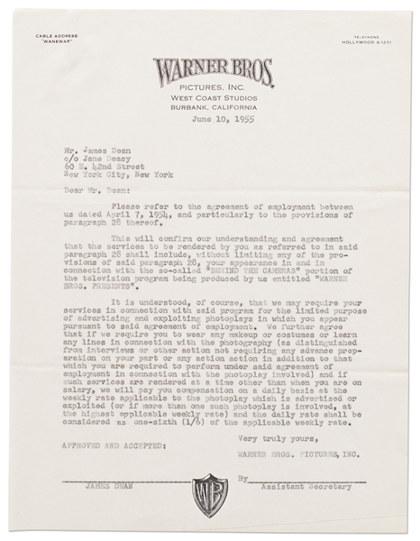 Letter from Warner Bros. to James Dean Regarding Dean Doing Promotional Work for His ''Photoplays''