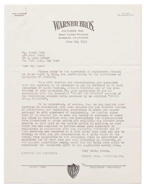 Letter from Warner Bros. to James Dean Regarding Dean Doing Promotional Work for His ''Photoplays''