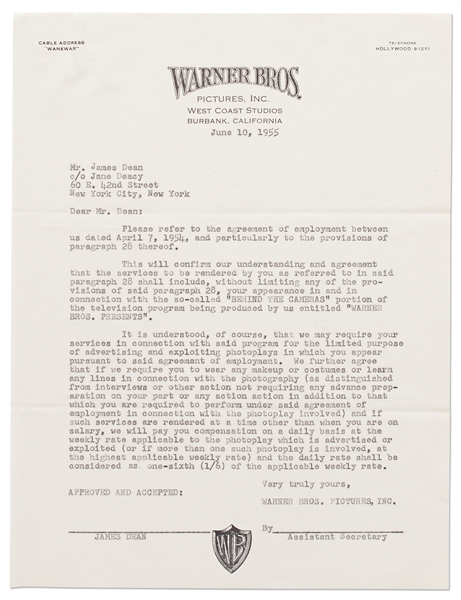 Letter from Warner Bros. to James Dean Regarding Dean Doing Promotional Work for His ''Photoplays''