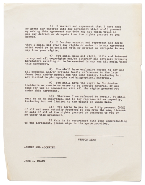 Letter from James Dean's Father to Jane Deacy After Dean's Death Regarding His Life Rights