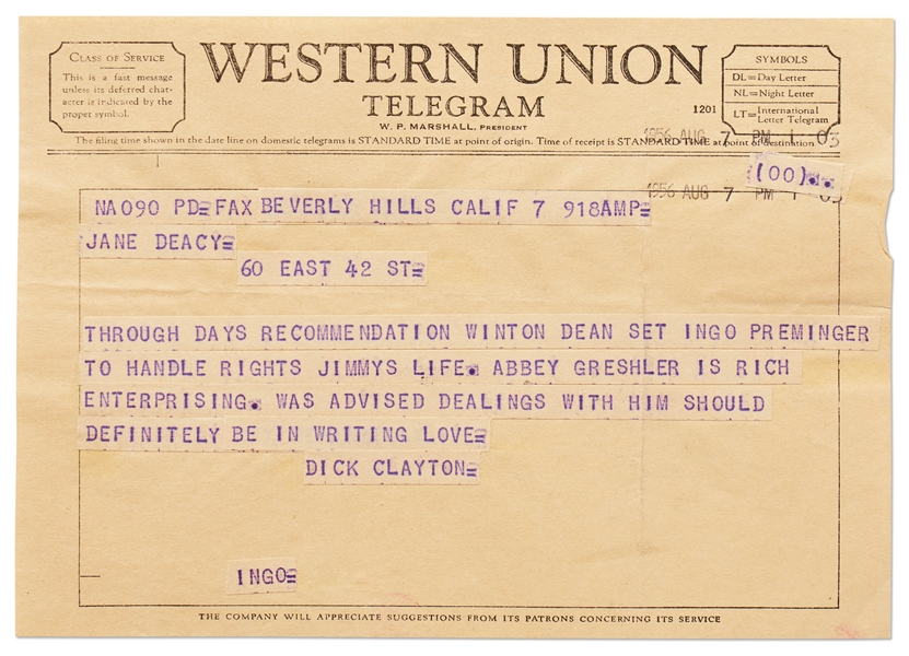 Telegram to Jane Deacy Regarding James Dean's Life Rights -- ''...Winton Dean set Ingo Preminger to handle rights [for] Jimmys life...''