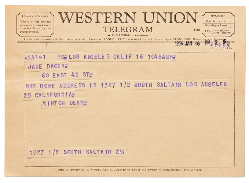 Telegram from James Dean's Father, Winton Dean, to Jane Deacy after Dean's Death