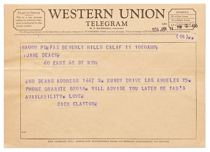 Telegram to Jane Deacy from Dick Clayton from 1956 After the Passing of James Dean