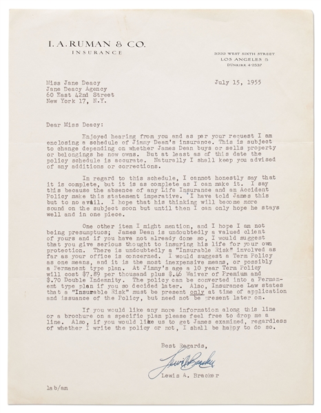 Letter Regarding Auto & Motorcycle Insurance for James Dean -- ''...the absence of...an Accident Policy...I have told James this but to no avail...I can only hope he stays well and in one piece...''