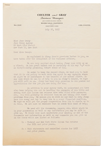 Letter to Jane Deacy from Coulter and Gray, James Dean's New Business Managers -- ''...Jimmy...has great talent and is certainly on his way 'up' with an exceptionally promising future ahead of...