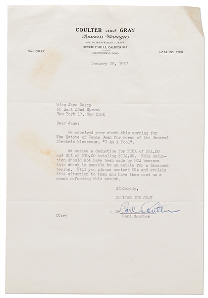 Letter from 1957 to Jane Deacy from Coulter and Gray, James Dean's Business Managers -- ''We received your check this morning for The Estate of James Dean for rerun of...'I Am A Fool'...''