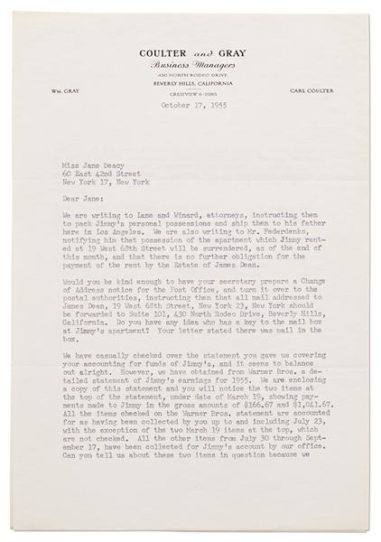 Letter to Jane Deacy from Coulter and Gray, James Dean's Business Managers, Just Two Weeks After His Death -- ''...pack Jimmy's personal possessions and ship them to his father...''