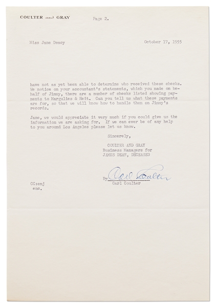 Letter to Jane Deacy from Coulter and Gray, James Dean's Business Managers, Just Two Weeks After His Death -- ''...pack Jimmy's personal possessions and ship them to his father...''