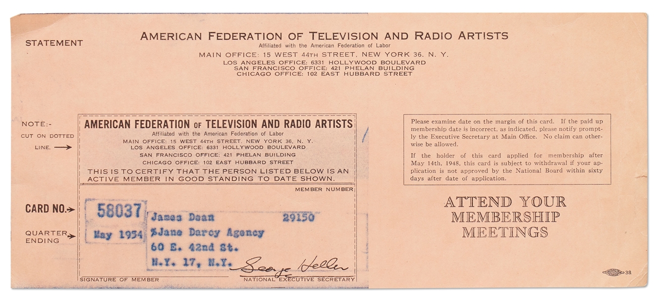 James Dean's Temporary AFTRA Membership Card