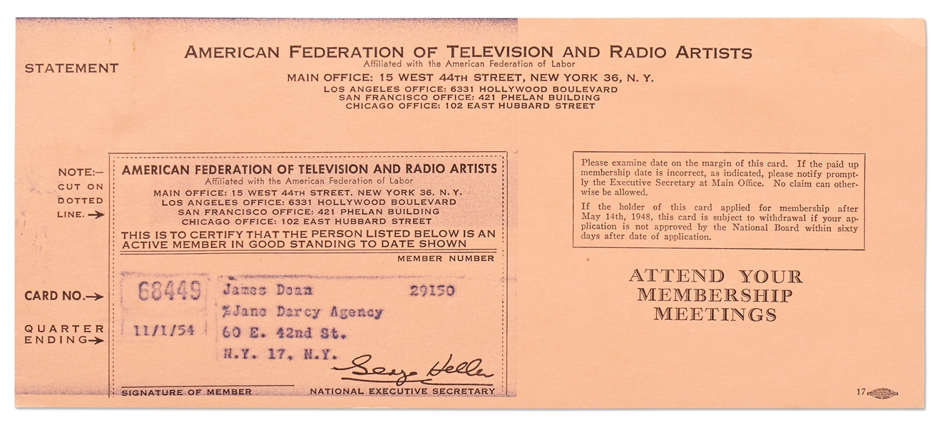 James Dean's Temporary AFTRA Membership Card