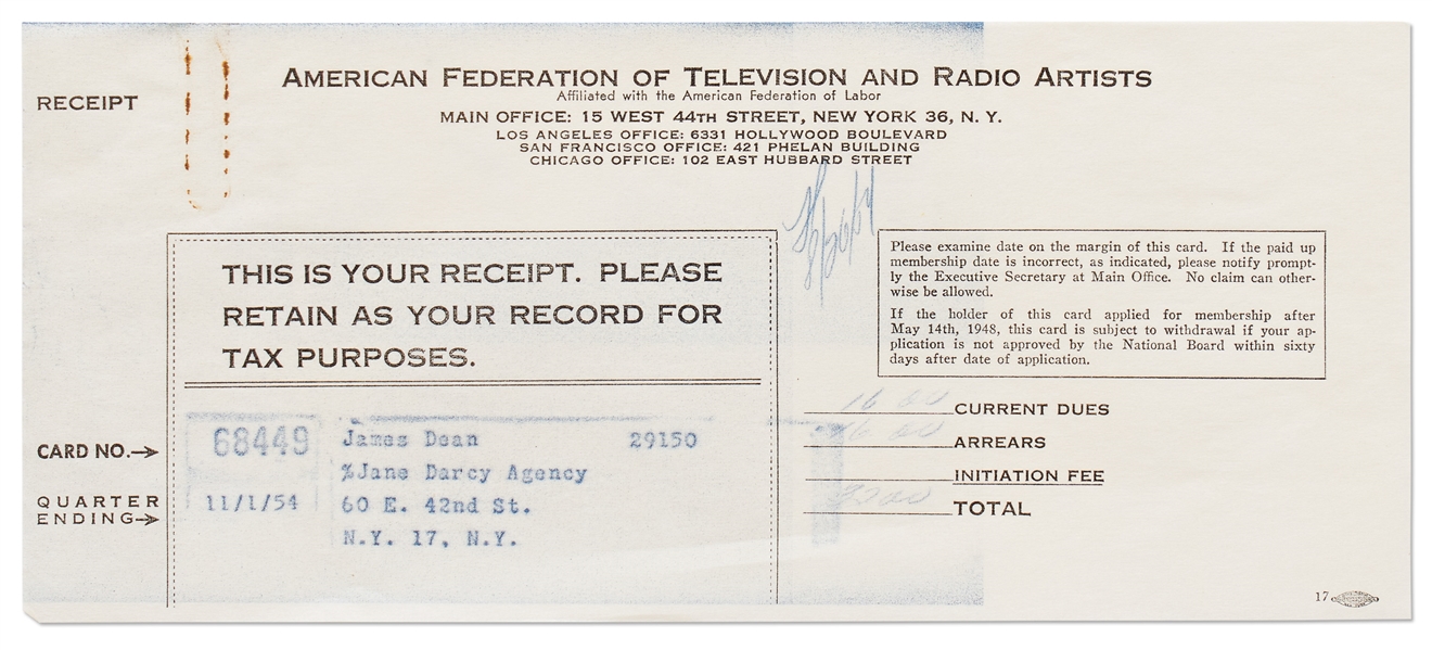 James Dean's AFTRA Receipt for Payment of His Dues