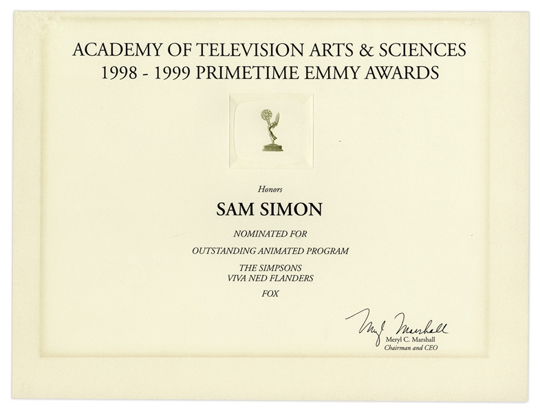 Emmy Nomination for ''The Simpsons'' Given to Sam Simon in 1999 for Episode ''Viva Ned Flanders'' -- From the Sam Simon Estate