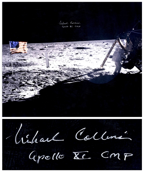 Michael Collins Signed 20 x 16 Photo of the Moon, Capturing Both Neil Armstrong and the United States Flag