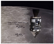 Al Worden & Dave Scott Signed 20 x 16 Photo of the Apollo 15 Command Module Against the Moon -- Worden Additionally Writes EARTH: A distant memory seen in an instant of repose