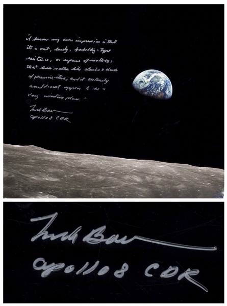 Frank Borman Signed 20 x 16 Photo, With His Thoughts About the Moon: ...its a vast, lonely, forbidding-type existence...
