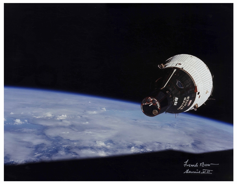 Frank Borman Signed 20'' x 16'' Photo of the Gemini 7 Spacecraft With the Earth's Curvature in the Distance