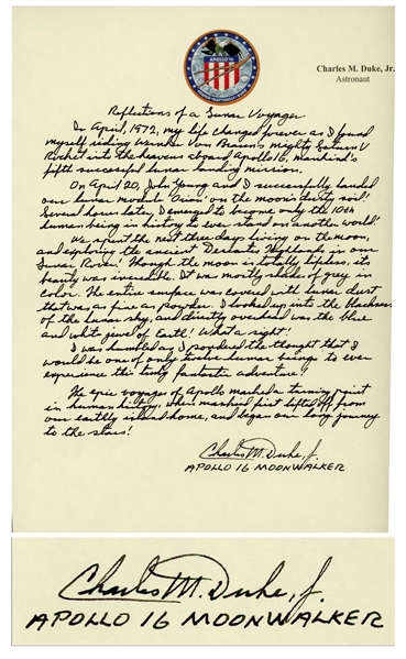 Charlie Duke Signed Handwritten Remembrance on His Three Days Spent on the Moon, Entitled Reflections of a Lunar Voyager