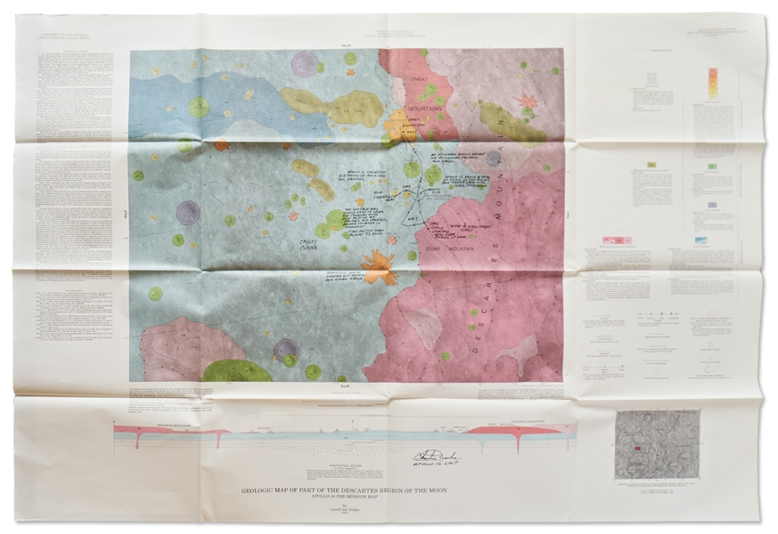 Charlie Duke Signed Apollo 16 Map Showing the Descartes Region of the Moon Measuring 44'' x 30'' -- With Extensive Handwritten Notes by Duke
