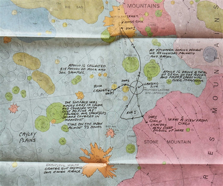 Charlie Duke Signed Apollo 16 Map Showing the Descartes Region of the Moon Measuring 44'' x 30'' -- With Extensive Handwritten Notes by Duke