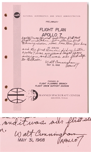 Walt Cunningham Signed Copy of the Apollo 7 Flight Plan -- Also With His Handwritten Reflections on the Mission ...Apollo 7 was our first step to the Moon...