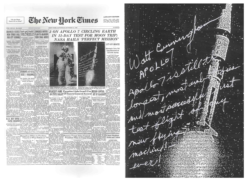 Walter Cunningham Signed New York Times Poster From 12 October 1968, Regarding Apollo 7, the most successful first test flight of any new flying machine - ever!