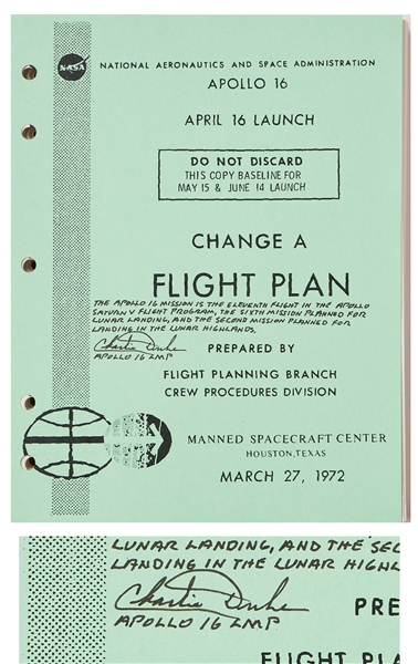 Charlie Duke Signed Copy of the Apollo 16 Flight Plan -- Also With His Handwritten Summary of the Mission