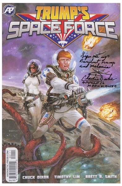 Apollo Astronauts Charlie Duke and Frank Borman Signed Copy of Trumps Space Force -- Duke Writes Sign me up President Trump and Melania