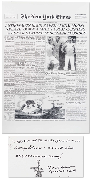 Frank Borman Signed New York Times Poster From 28 December 1968 After the Successful Return to Earth of Apollo 8 -- Borman Additionally Writes ...a small disk 240,000 miles away...