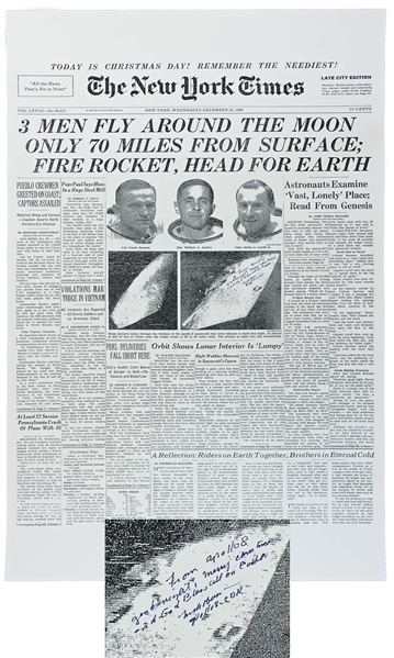 Frank Borman Signed ''New York Times'' Poster From Christmas 1968 -- Borman Additionally Writes ''From Apollo 8, good night, Merry Christmas and God Bless''