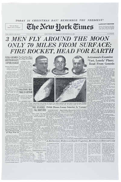 Frank Borman Signed ''New York Times'' Poster From Christmas 1968 -- Borman Additionally Writes ''From Apollo 8, good night, Merry Christmas and God Bless''