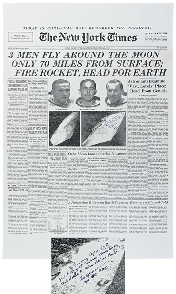 Frank Borman Signed New York Times Poster From Christmas 1968 -- Borman Additionally Writes From Apollo 8, good night, Merry Christmas and God Bless