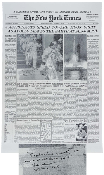 Frank Borman Signed New York Times Poster From 22 December 1968 -- Borman Additionally Writes Exploration is really the essence of the human spirit