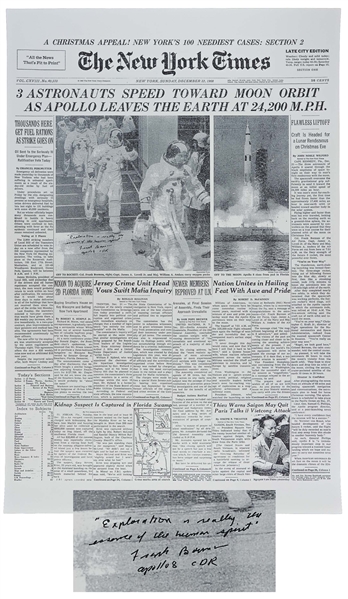 Frank Borman Signed ''New York Times'' Poster From 22 December 1968 -- Borman Additionally Writes ''Exploration is really the essence of the human spirit''