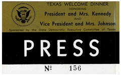 Press Badge for President Kennedys Texas Welcome Dinner, Slated for the Night He Was Assassinated