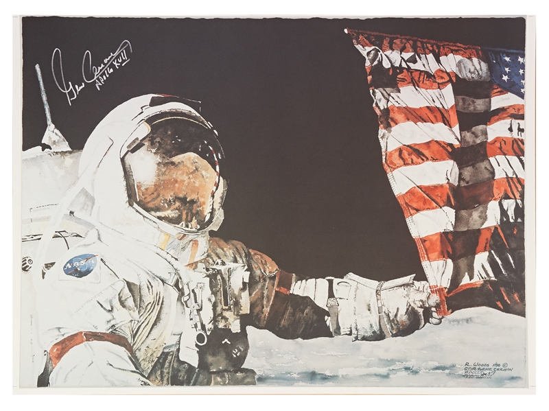 Gene Cernan Signed Moon Landing Artwork -- As Commander of the Apollo 17 Mission, Cernan Was the Last Man to Walk on the Moon -- With Novaspace COA