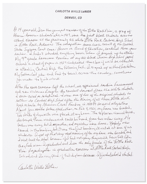 Carlotta LaNier, the Youngest of the ''Little Rock Nine'' Autograph Essay Signed -- ''...After the news cameras left...we experienced routine harassment and even violence...my home was bombed...''