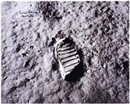 Michael Collins Signed 20'' x 16'' Photo of Buzz Aldrin's Footprint Upon the Moon