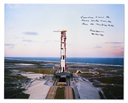 Frank Borman Signed 20'' x 16'' Photo of the Apollo 8 Launch -- ''Launching to read the Genesis creation narrative from the King James Bible...''