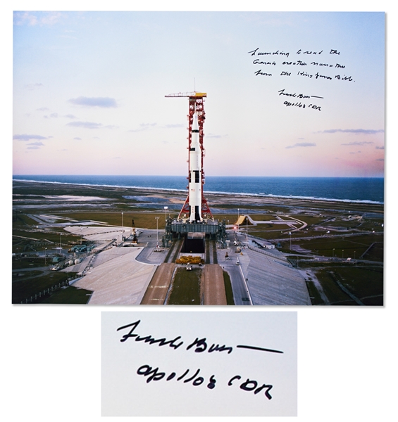 Frank Borman Signed 20 x 16 Photo of the Apollo 8 Launch -- Launching to read the Genesis creation narrative from the King James Bible...