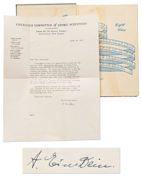 Rare Albert Einstein 1947 Letter Signed as Chairman of the Emergency Committee of Atomic Scientists -- Includes Book Gifted by Einstein to Educate the Public About Nuclear Energy