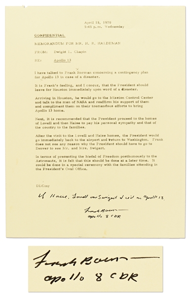 Frank Borman Signed Memo Describing the Presidential Contingency Plan for Apollo 13 -- Borman Writes, ''If Haise, Lovell and Swigert died on Apollo 13'' -- With Novaspace COA