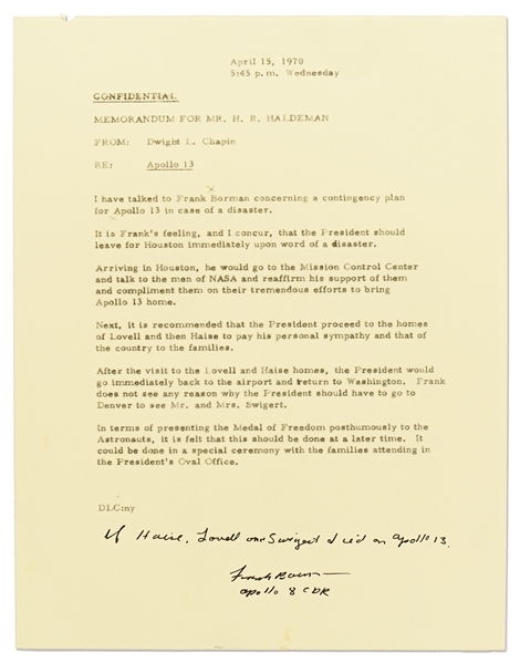 Frank Borman Signed Memo Describing the Presidential Contingency Plan for Apollo 13 -- Borman Writes, ''If Haise, Lovell and Swigert died on Apollo 13'' -- With Novaspace COA
