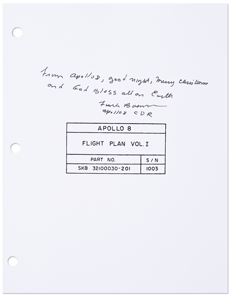 Frank Borman Signed Copy of the Apollo 8 Flight Plan, With His Christmas Message